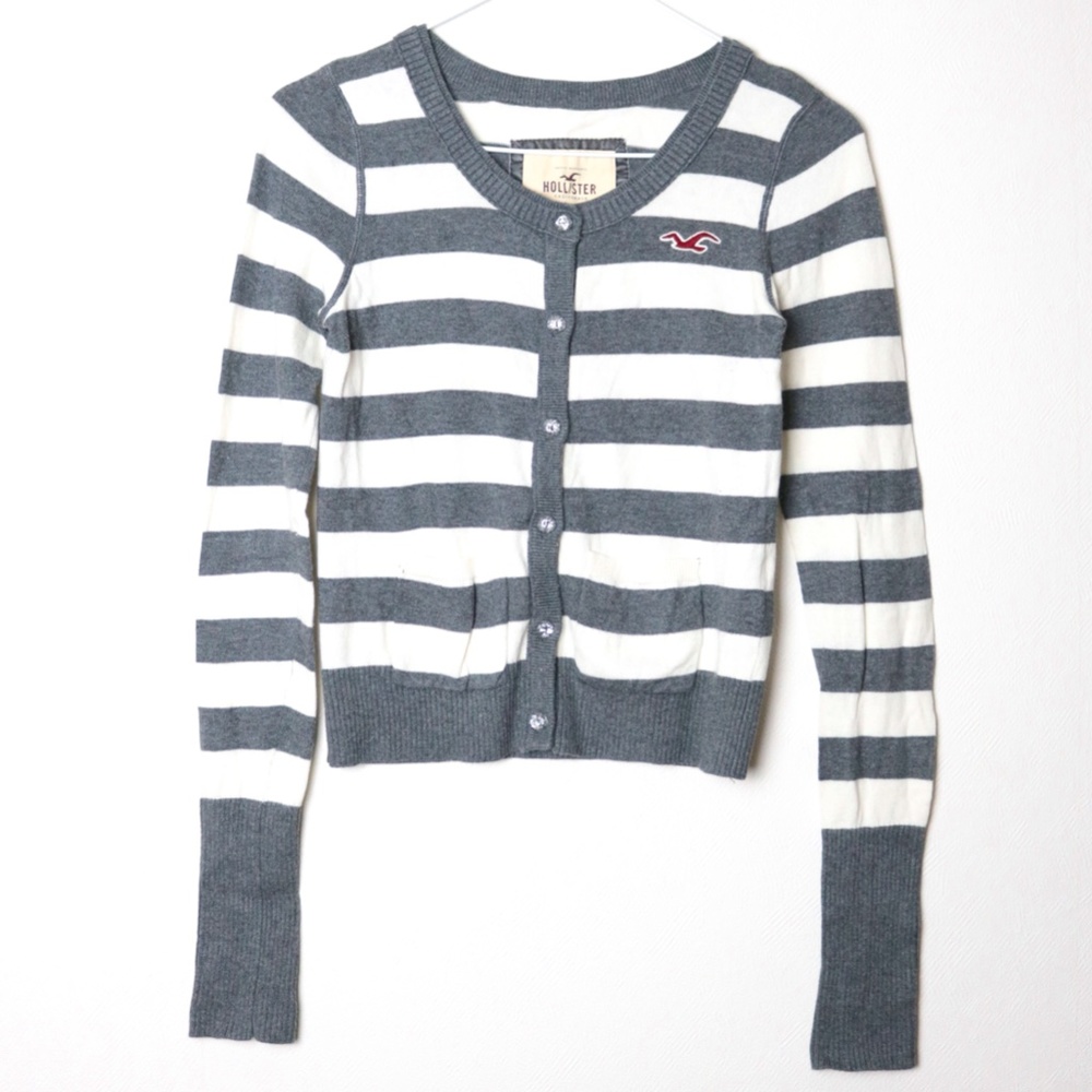Hollister Grey White Striped Button Front Sweater Top Size M